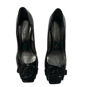 Etienne Aigner Black Patent Peep Toe Buckle Block Heel Pumps 7.5